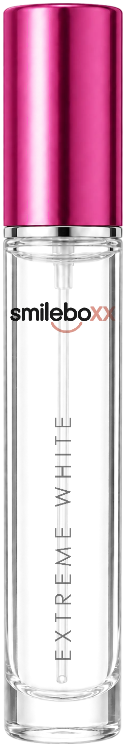 A clear glass SmileBoxx ampoule with a magenta cap, labelled Extreme White