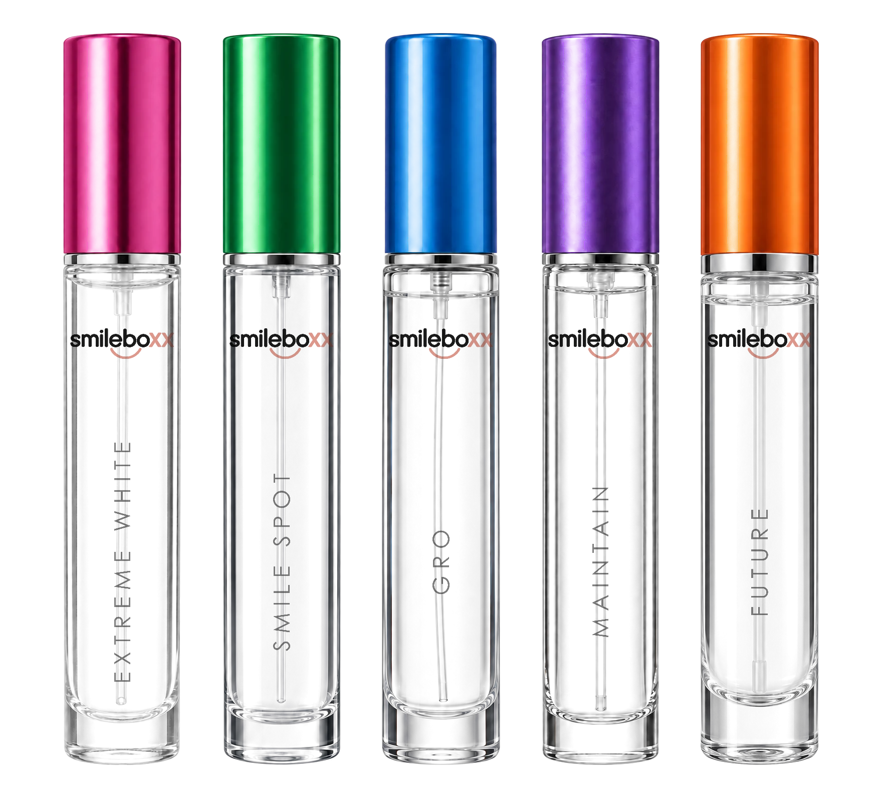 Five clear glass SmileBoxx ampoules with magenta, green, blue, purple and orange caps standing side by side