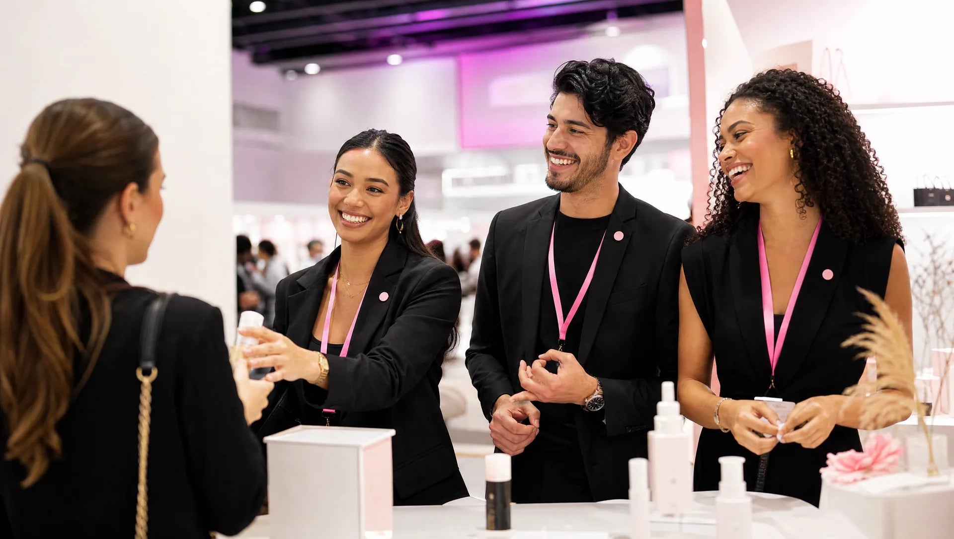 Smile BOXX event representatives smiling as they welcome a guest at a pop-up event stand