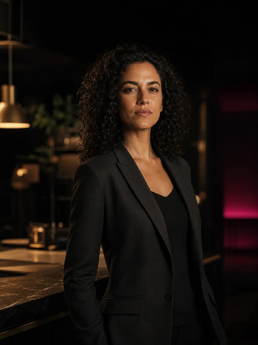 An entrepreneur standing in her own low-lit workspace at night