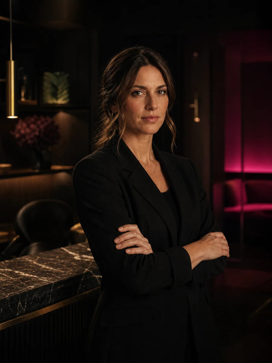 The owner of a beauty studio standing in her own reception at night