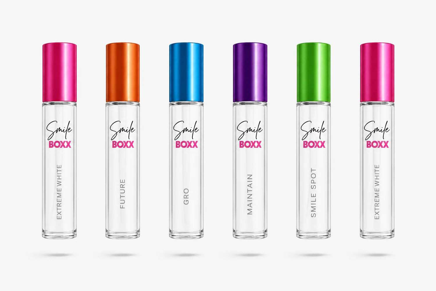 The Smile BOXX ampoule range, five colour-coded bottles photographed together