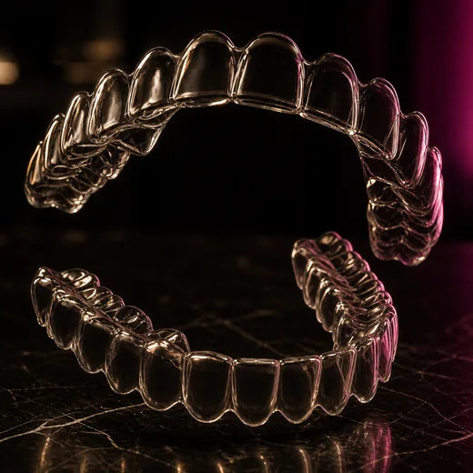 A matched pair of transparent clear aligner trays