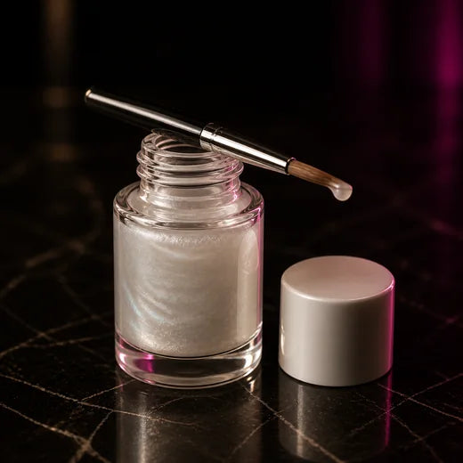 A bottle of pearlescent liquid with a fine brush applicator