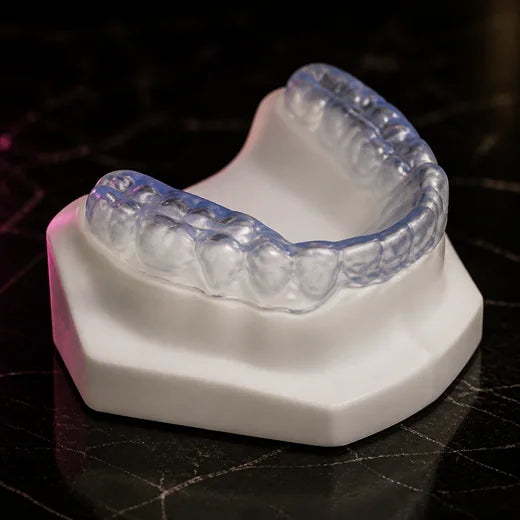 A clear thermoformed night guard seated on a moulded dental base