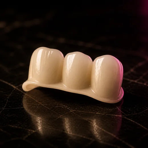 A small 3D-printed partial carrying three artificial teeth