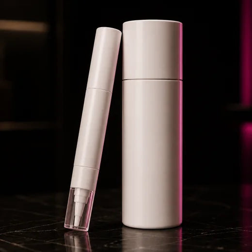 A whitening applicator pen and a bottle of whitening gel