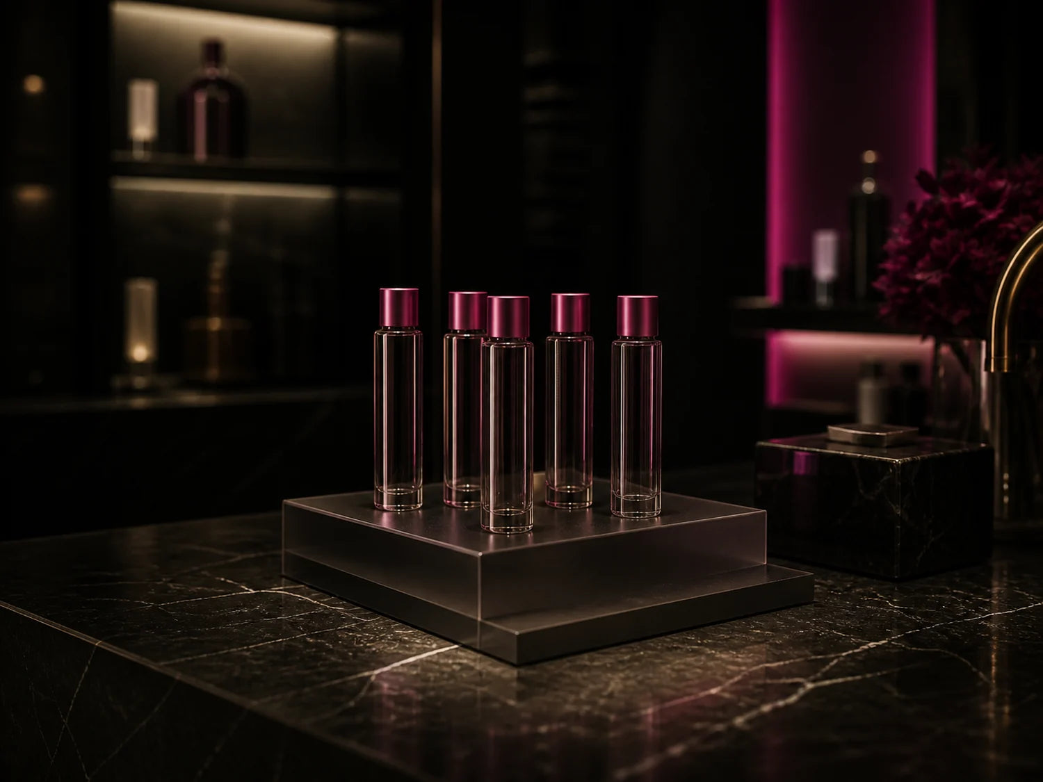 A product display standing on the counter of an upscale spa