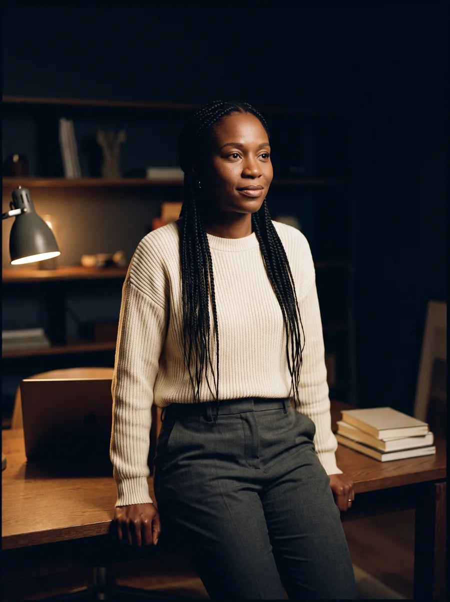 An entrepreneur leaning on her desk in a low-lit workspace