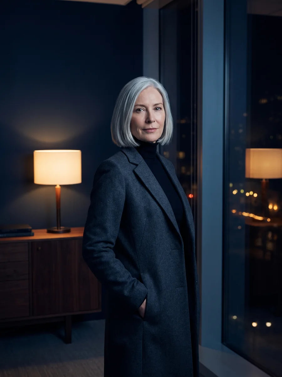 An investor standing by an office window at night