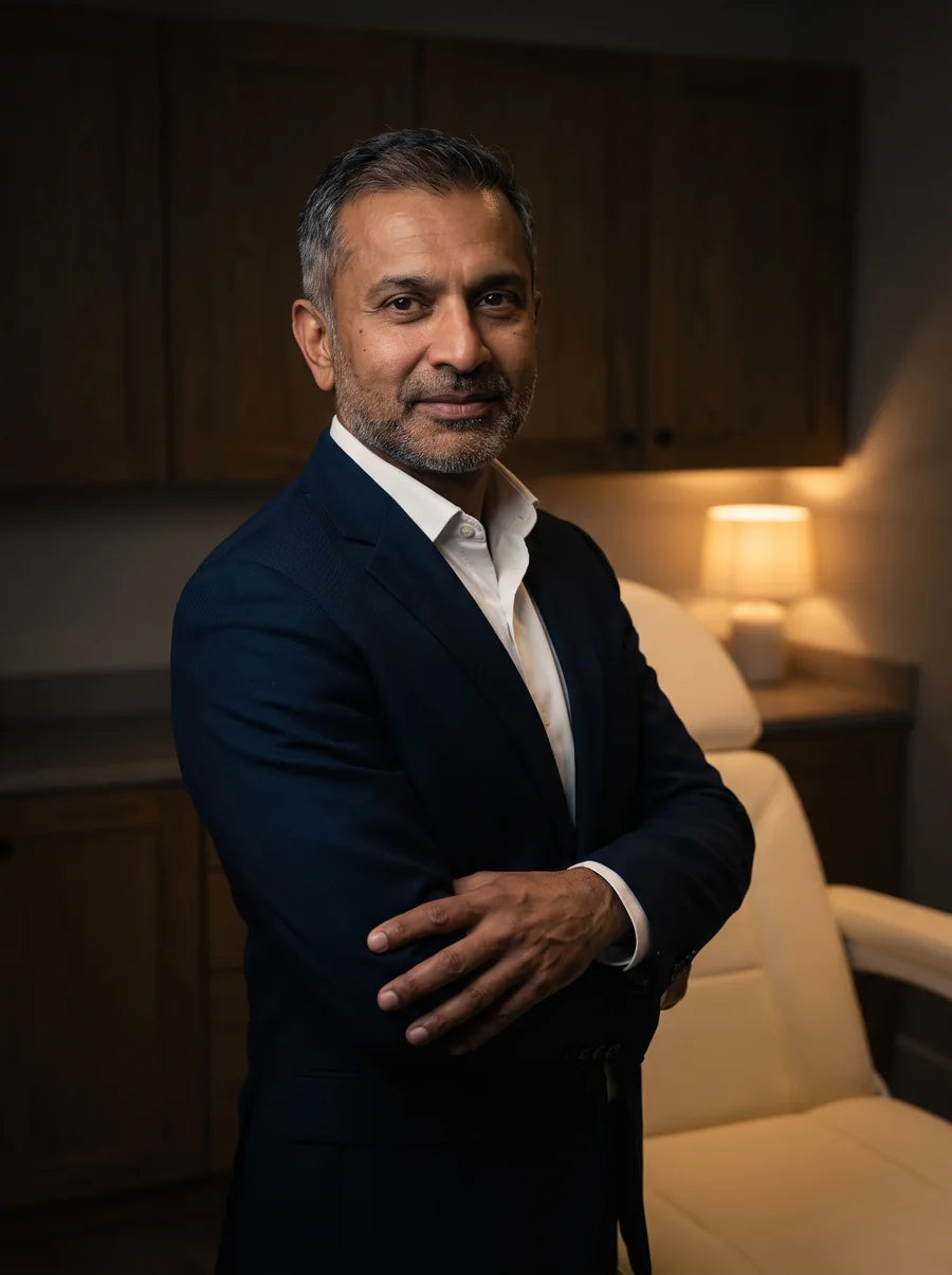 An aesthetics clinic owner standing in his treatment room in the evening
