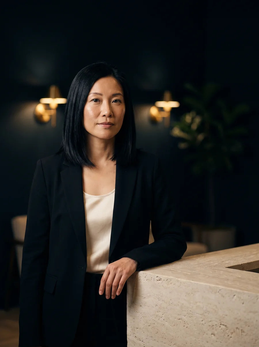 A beauty studio owner standing at her reception desk in the evening