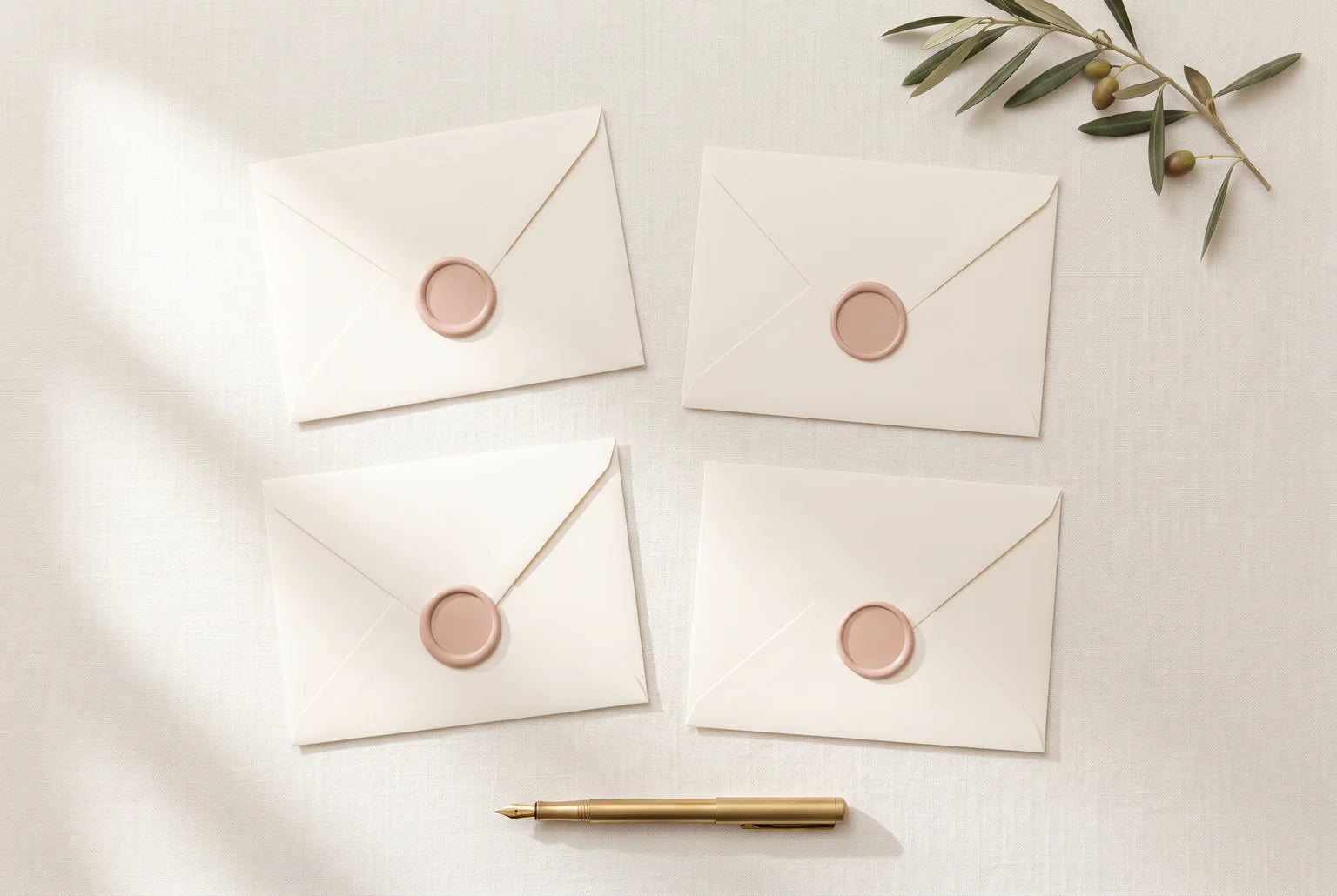 Four identical cream envelopes with blush wax seals on linen, with a brass pen and an olive sprig