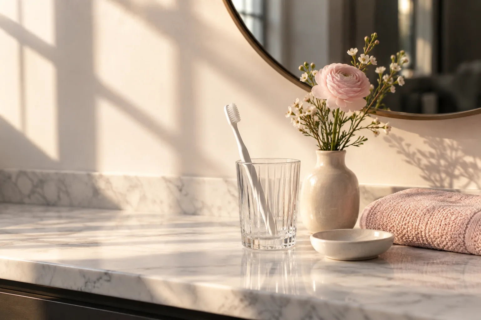A toothbrush in a glass tumbler, a pink flower in a small vase, a ceramic dish and a folded pink towel on a marble vanity in morning sun