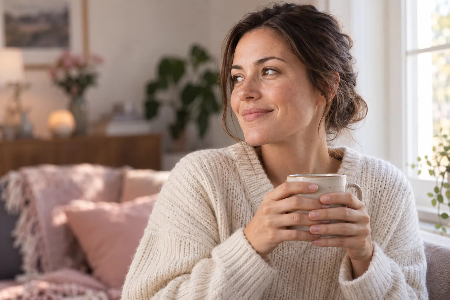 A woman in a cream sweater smiling softly by a sunlit window, holding a ceramic mug in both hands