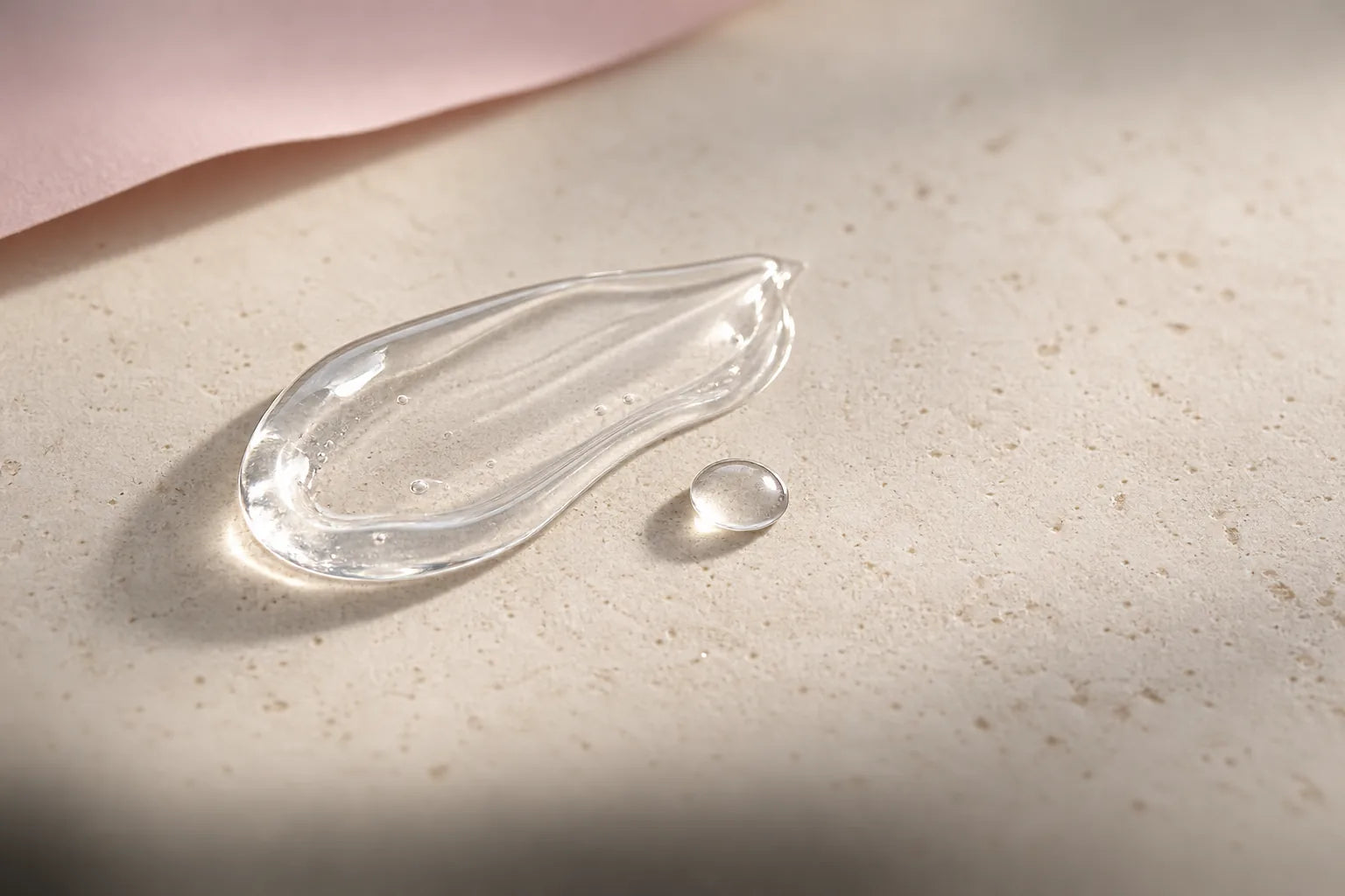 A swipe of clear gel and a single droplet resting on a cream stone surface beside a fold of blush-pink paper