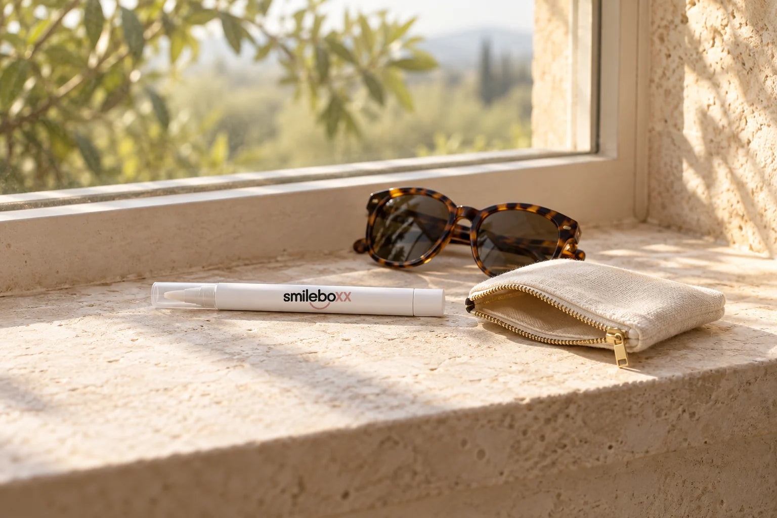 A white pen printed smileboxx lying on a sunlit stone windowsill beside tortoiseshell sunglasses and a cream linen zip pouch
