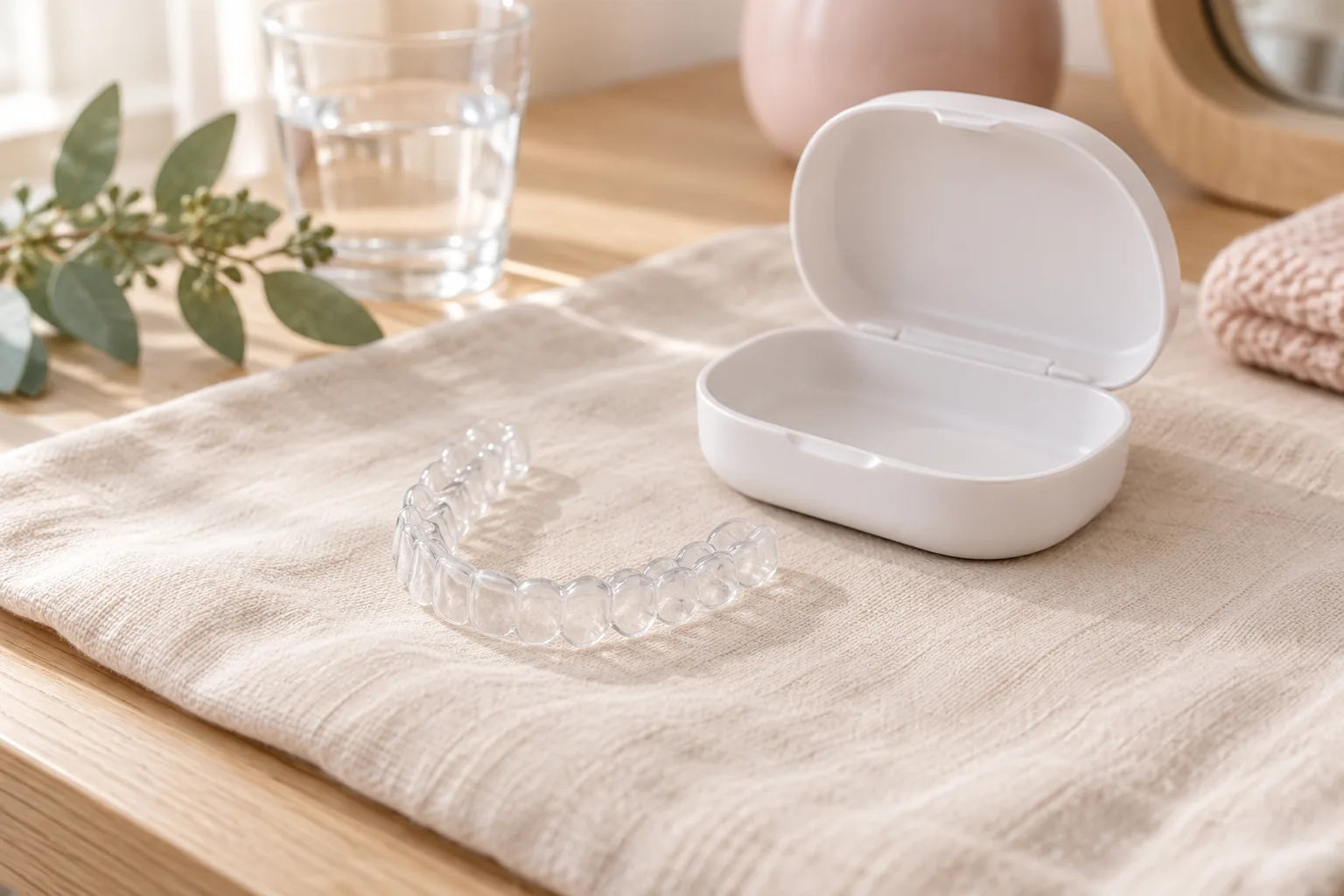 A clear aligner tray on a linen cloth beside an open white storage case and a glass of water