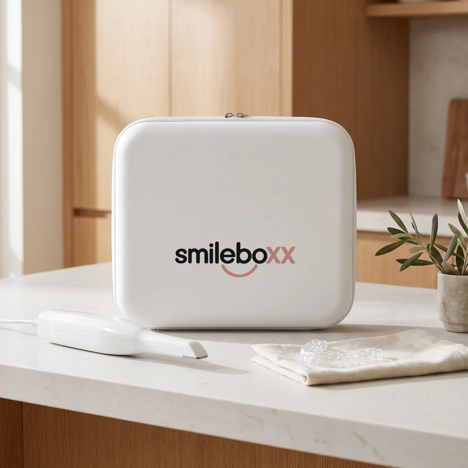 A white case printed smileboxx on a stone counter with a white handheld scanner and a clear aligner