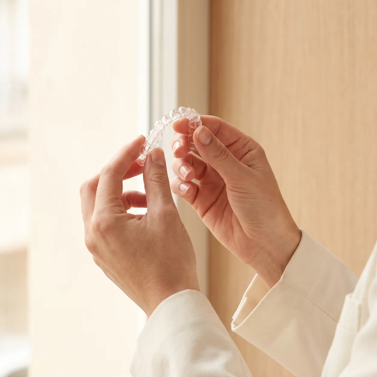 Two hands holding a clear aligner tray up to window light
